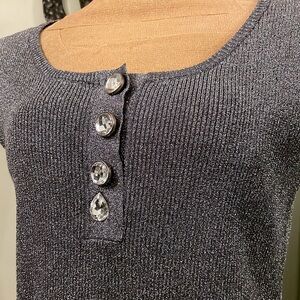 ♥️Sparkly Button Black Silver Grey Slate Gray Stretch Metallic Sleeveless Top XL